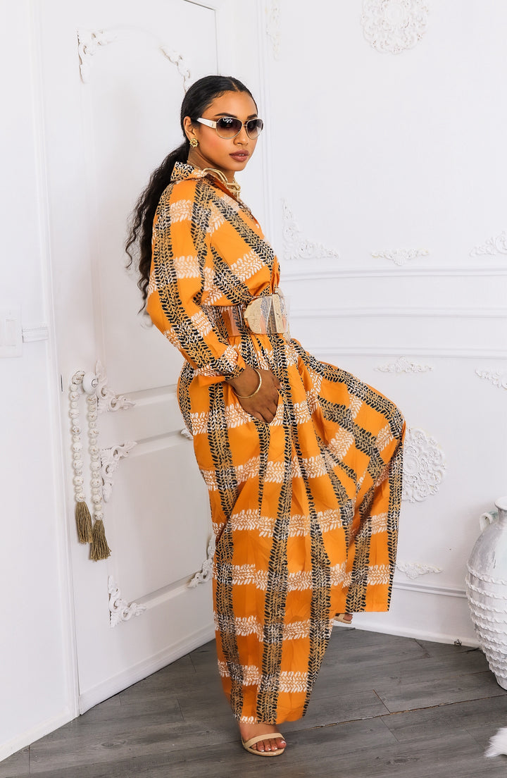 Oversized Orange Tribal Print Button-Up Kimono Jumpsuit