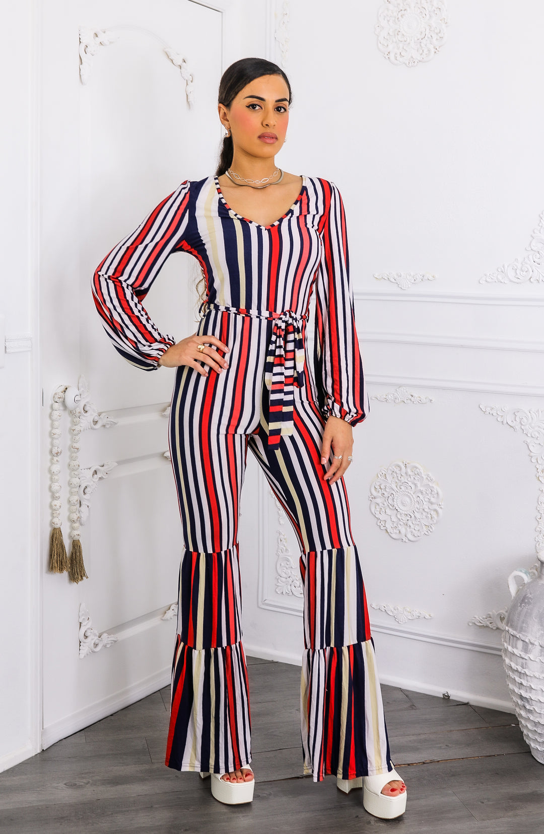 Striped Flare-Leg Jumpsuit with Tie Waist & Long Sleeves