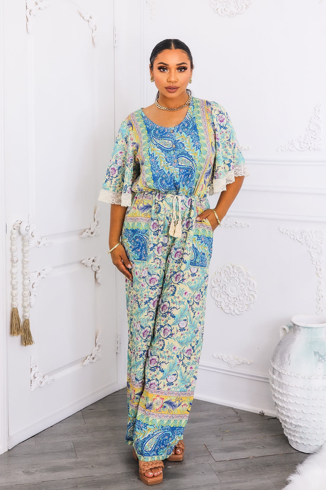 Boho Floral Print Jumpsuit with Lace Trim Sleeves