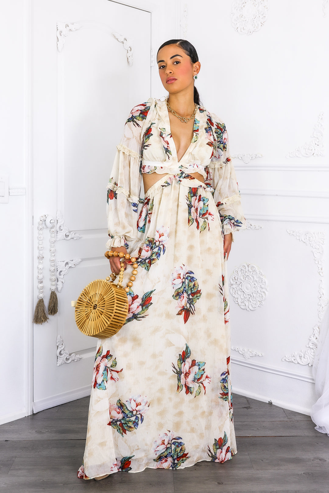 Resort Floral Bubble Sleeves Maxi Dress