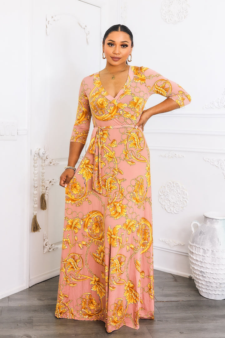 Blush Gold Wrap Maxi Dress | Elegant Long Sleeve Boho Dress