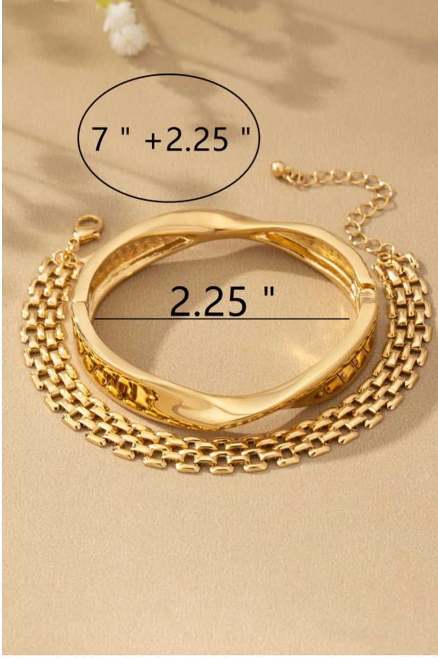 Twisted Gold Cuff & Double Chain Bracelet Set