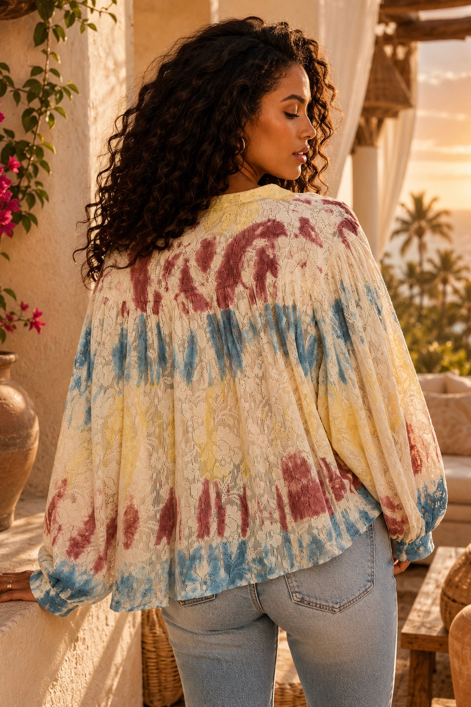 Painted Skies Lace Blouse | Boho Floral Button Front Top