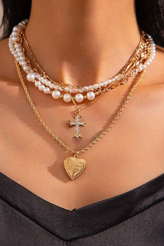 Layered Pearl & Gold Pendant Necklace Set – Cross & Heart Charms