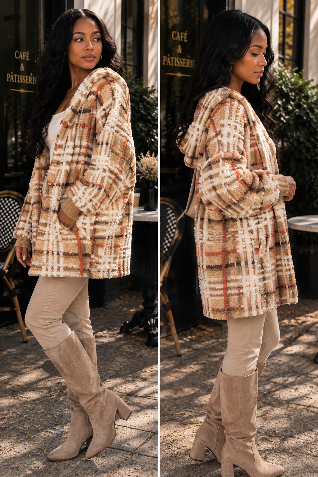 Cozy Plaid Sherpa Hooded Jacket – Oversized Teddy Coat