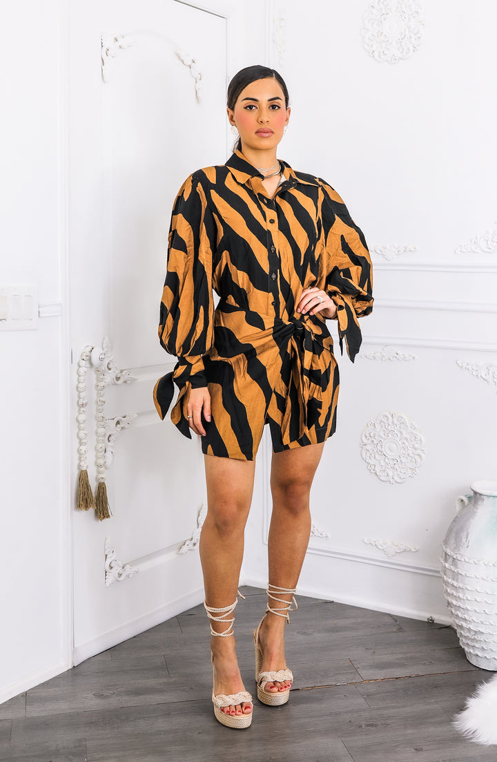 Bold Tiger Stripe Wrap Shirt Dress – Balloon Sleeve Mini