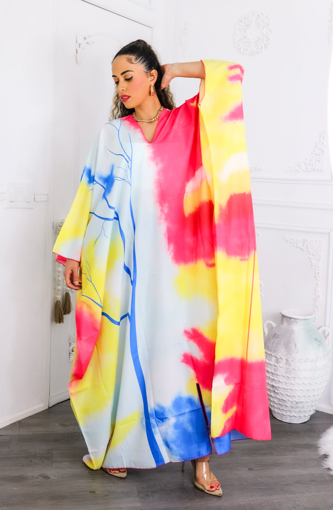 Colorburst Abstract Kimono Maxi Dress – Flowy V-Neck Style