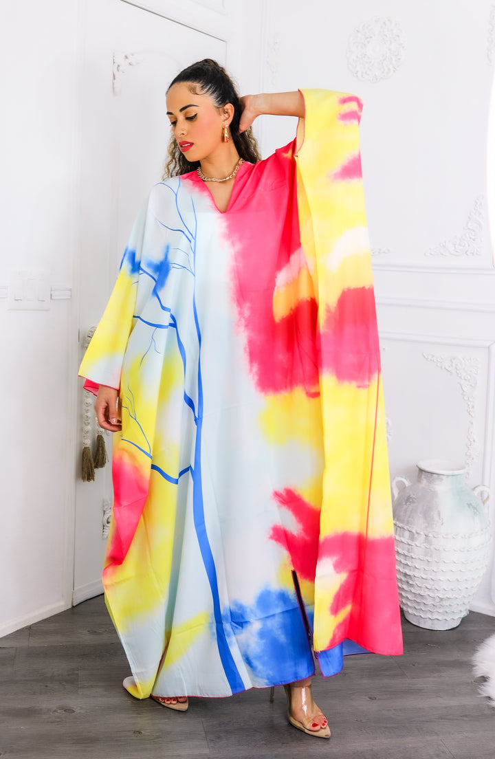 Colorburst Abstract Kimono Maxi Dress – Flowy V-Neck Style