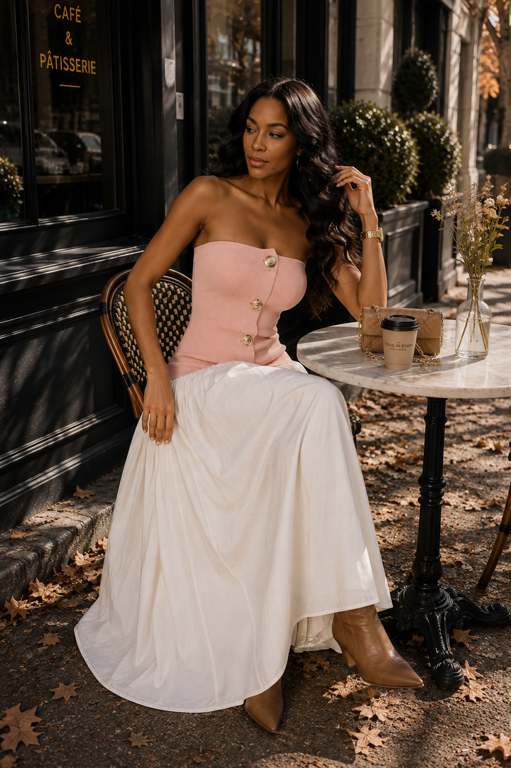 Strapless Button-Front Color Block Maxi Dress