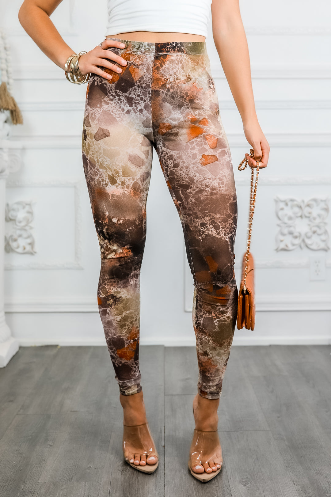 Brown Marble Print Mesh Leggings – High Waisted Sheer Stretch Pants