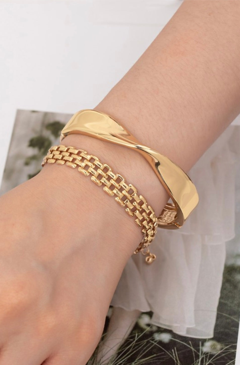 Twisted Gold Cuff & Double Chain Bracelet Set