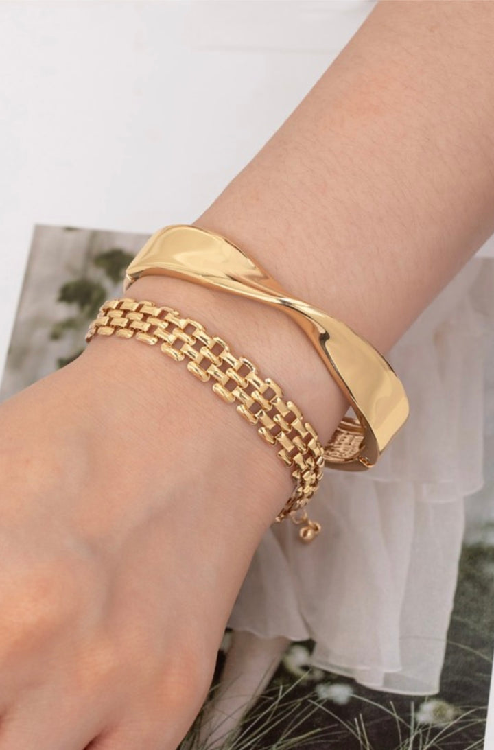 Twisted Gold Cuff & Double Chain Bracelet Set