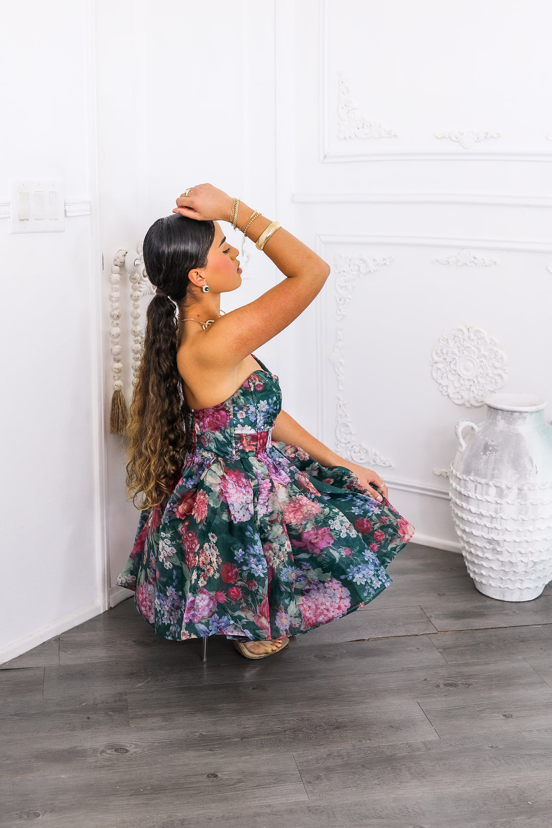 Emerald Floral Strapless Fit Flare Mini Dress