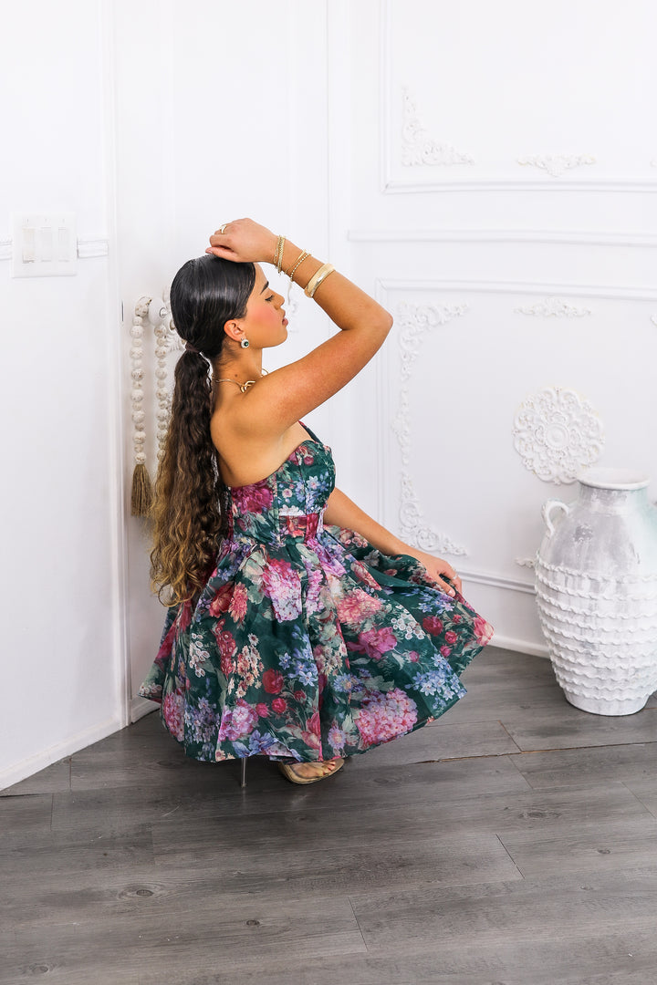 Emerald Floral Strapless Fit Flare Mini Dress