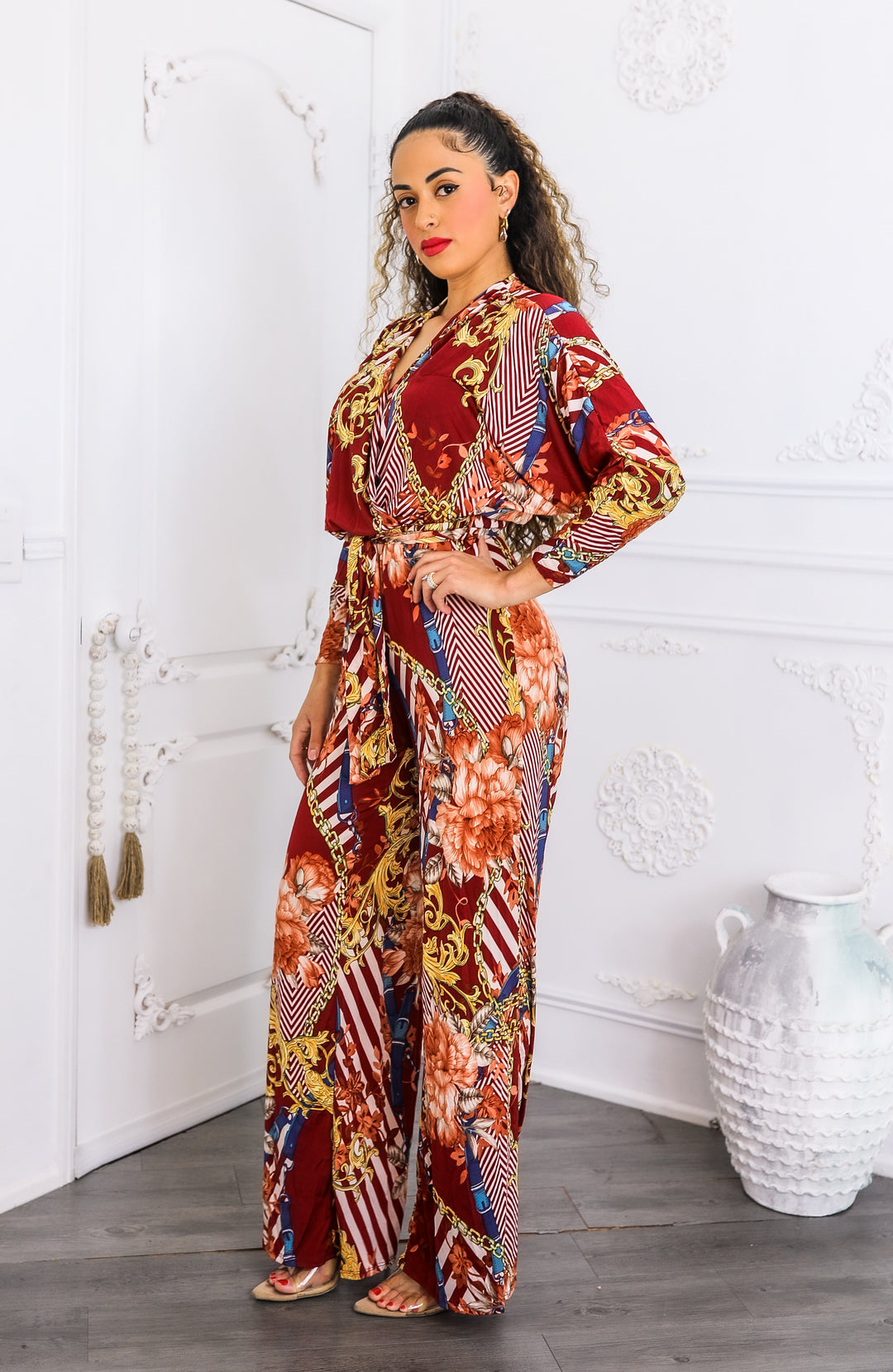 Red Chain Print Wide Leg Jumpsuit | Boho Chic One Piece