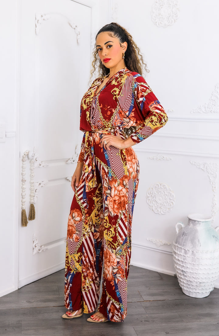 Red Chain Print Wide Leg Jumpsuit | Boho Chic One Piece