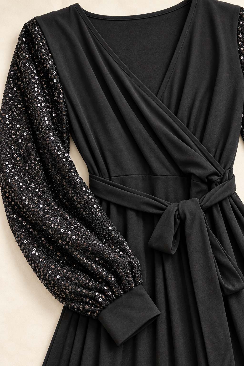 Sequin Balloon Sleeve Wrap Maxi Dress – Black Holiday Party Dress