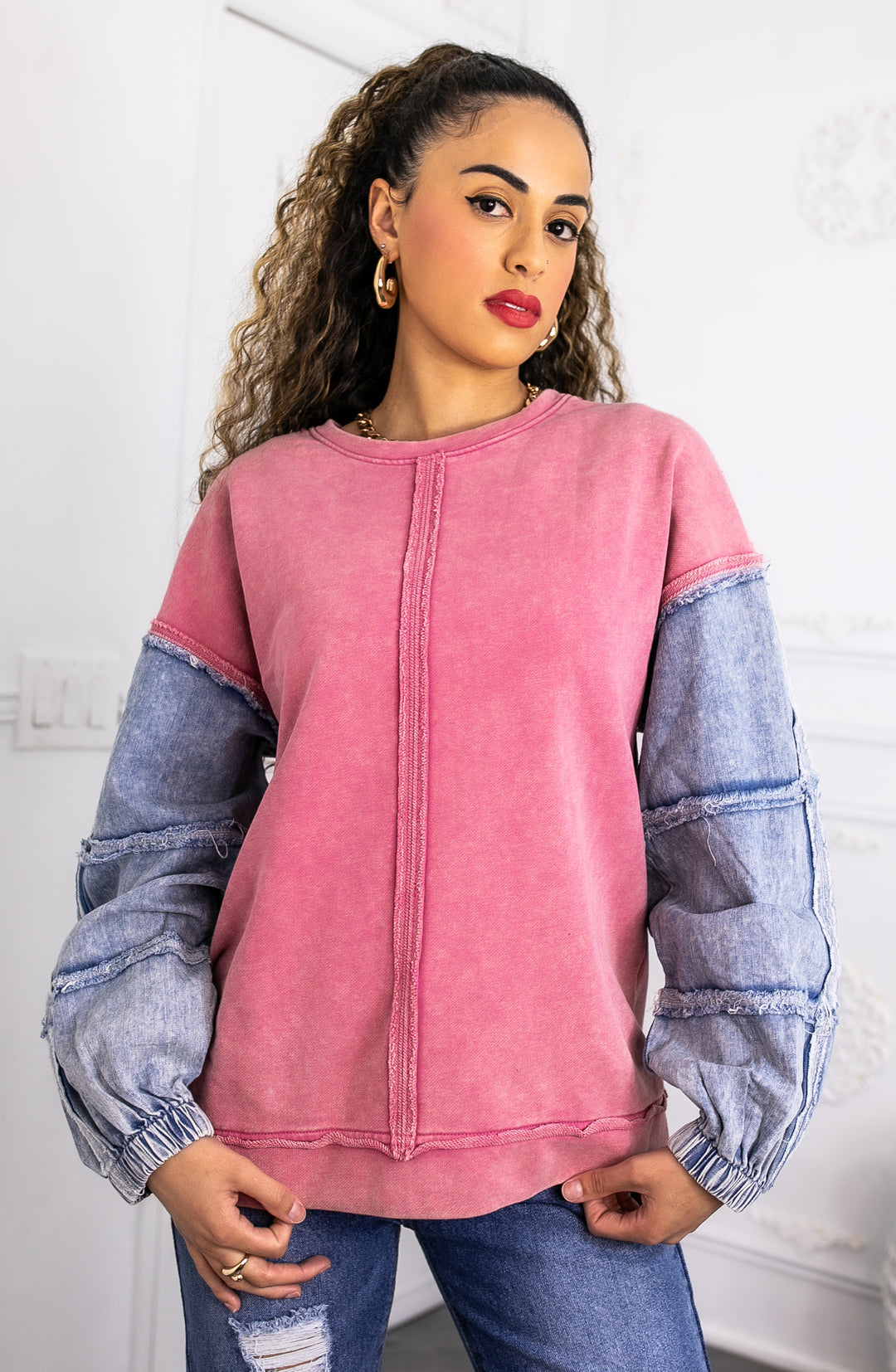 Pink Denim Patch Sleeve Sweatshirt – SurelyMine Fit Exclusive