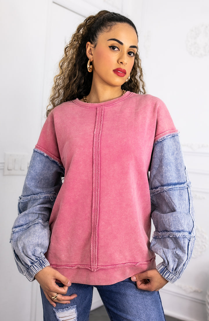 Pink Denim Patch Sleeve Sweatshirt – SurelyMine Fit Exclusive