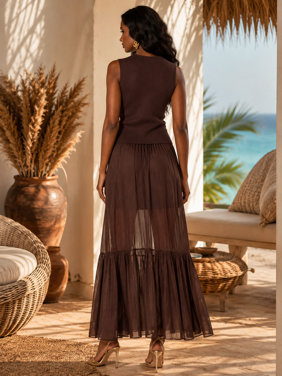 Sheer Maxi Skirt & Knit Vest Two-Piece Set