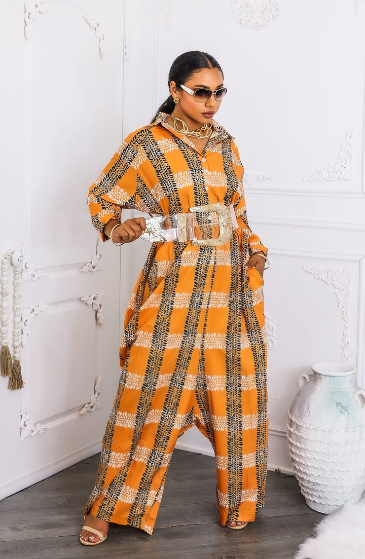 Oversized Orange Tribal Print Button-Up Kimono Jumpsuit