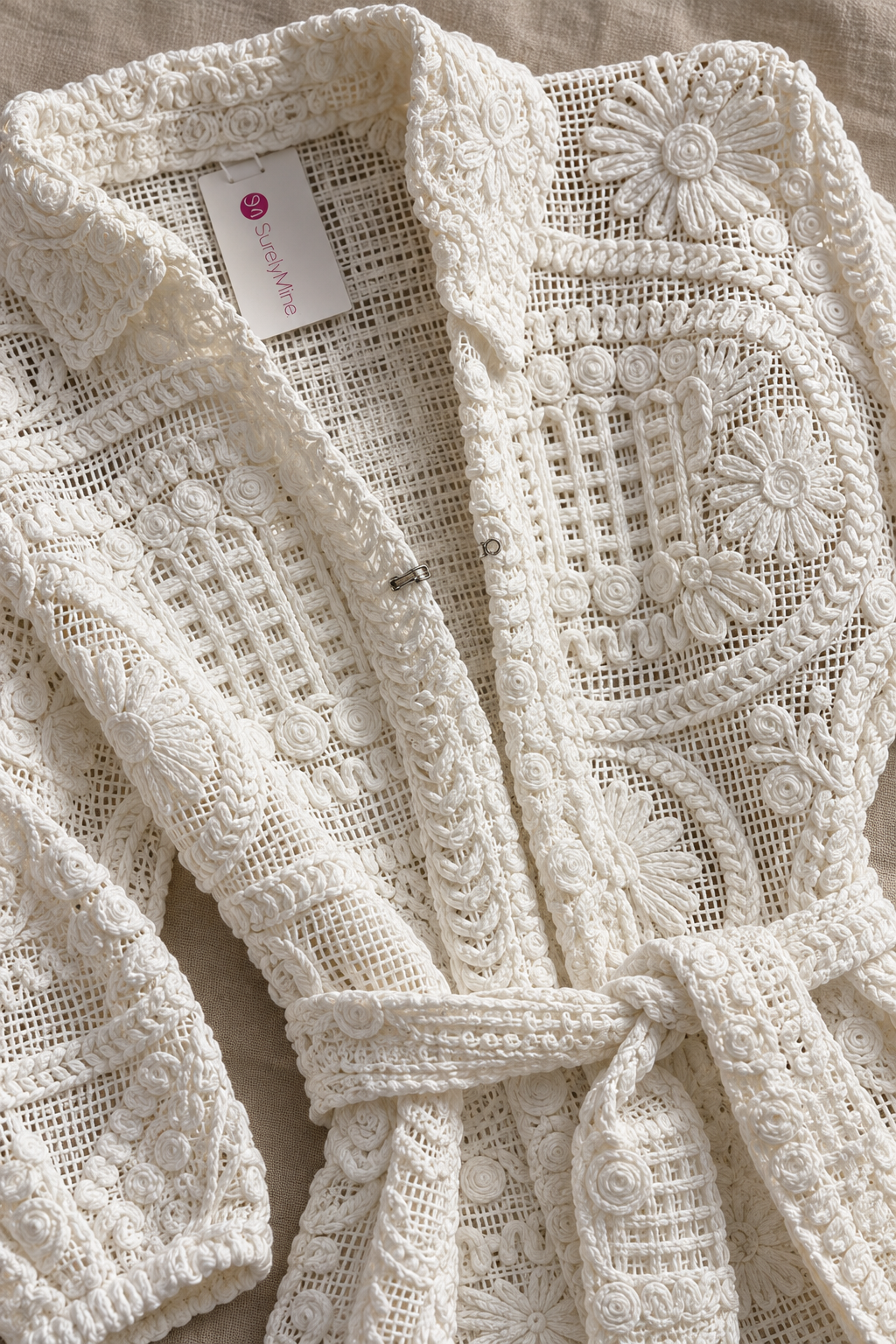Crochet Lace Maxi Duster Cardigan – Cream Belted Boho Cover-Up