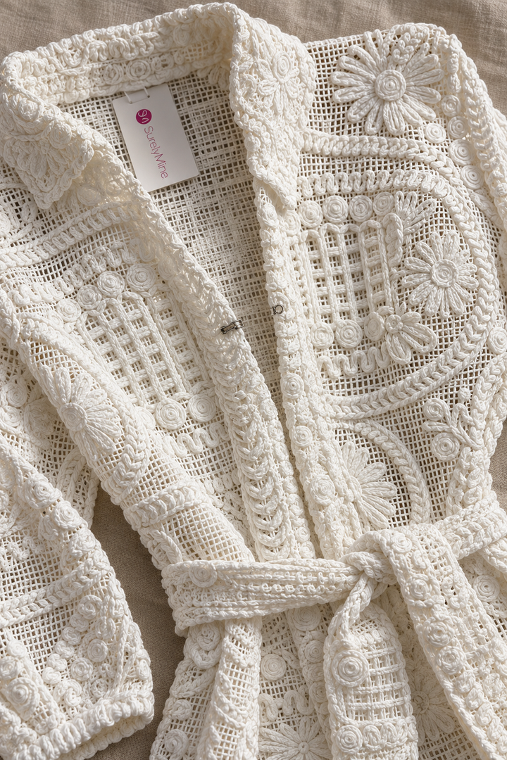 Crochet Lace Maxi Duster Cardigan – Cream Belted Boho Cover-Up