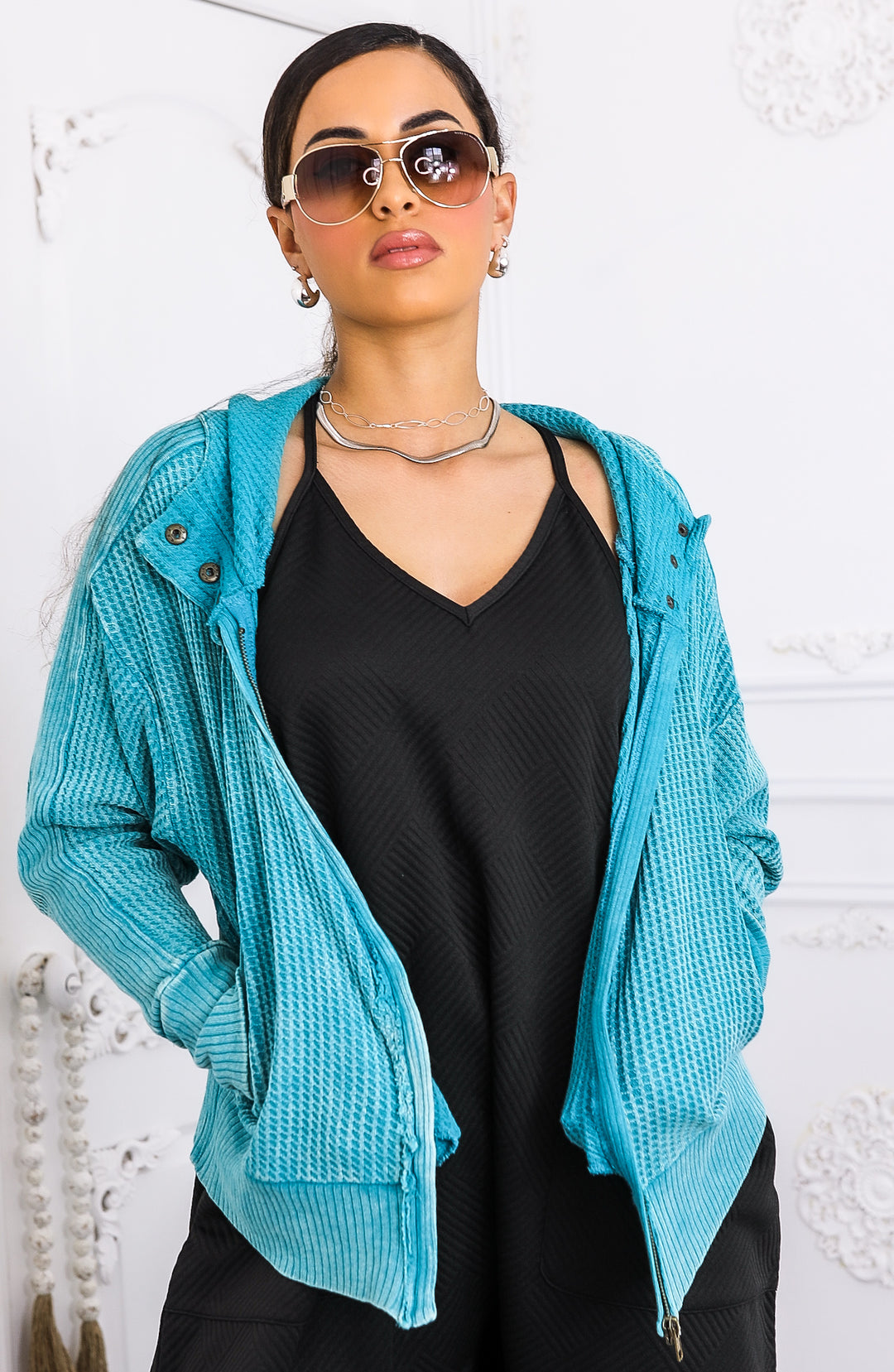 Mineral Wash Waffle Knit Zip Hoodie – Turquoise