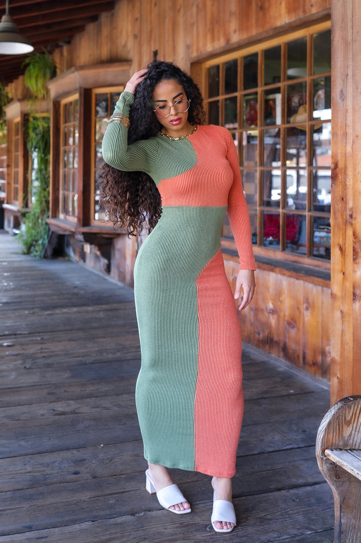 Hard To Forget Color Block Ribbed Bodycon Long Dress