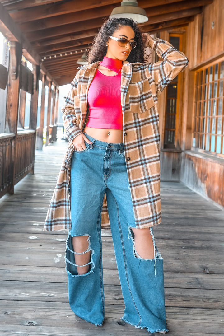 Camel Plaid Long Shacket – Oversized Button Down Coat for Women