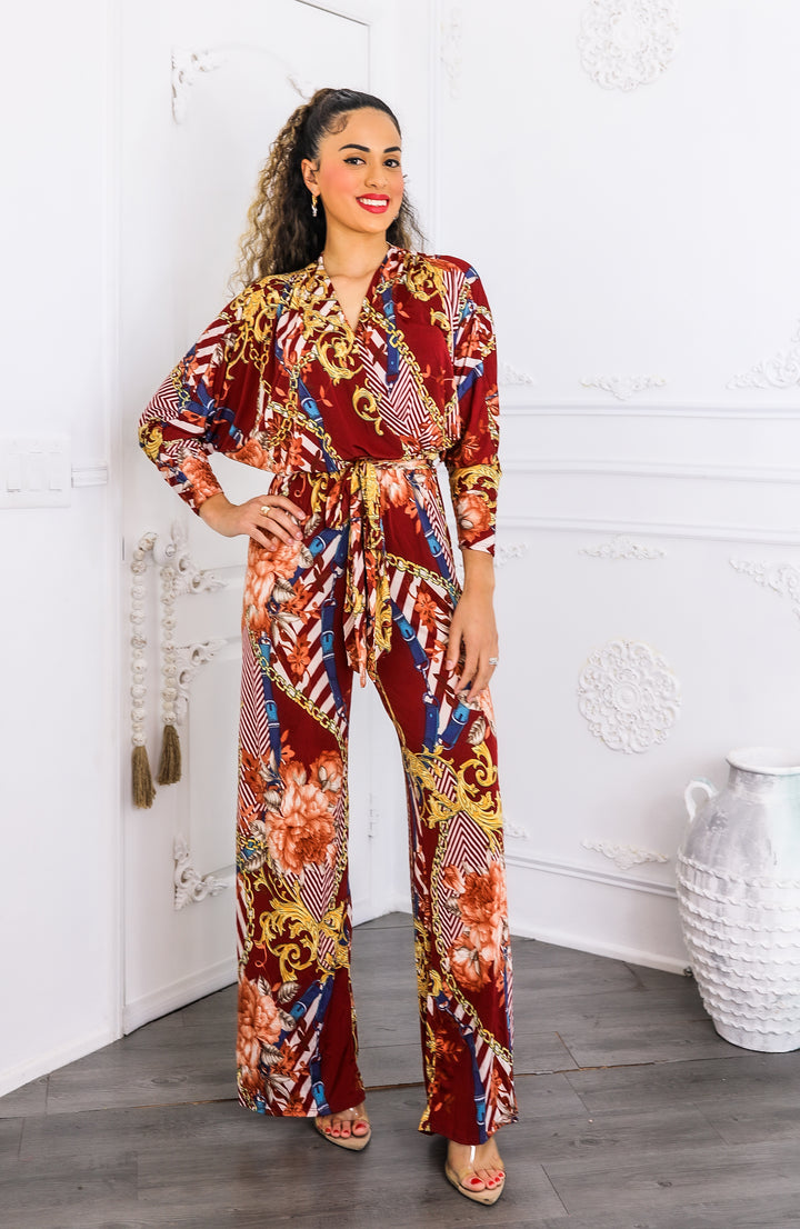 Red Chain Print Wide Leg Jumpsuit | Boho Chic One Piece