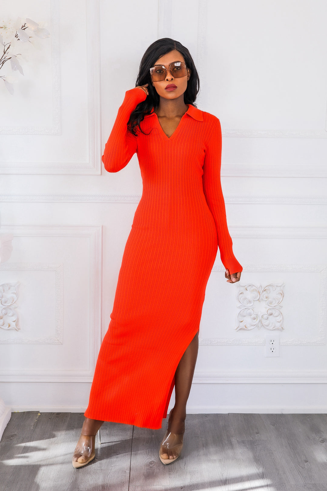 Cold Weather Slay Collar Ribbed Long Sleeves Maxi Dress with Side Slit