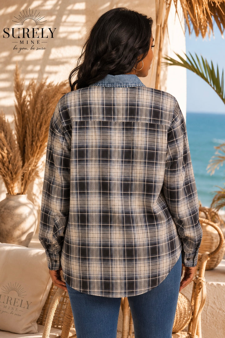 Denim Contrast Plaid Shacket for Women | Oversized Button-Up Shirt