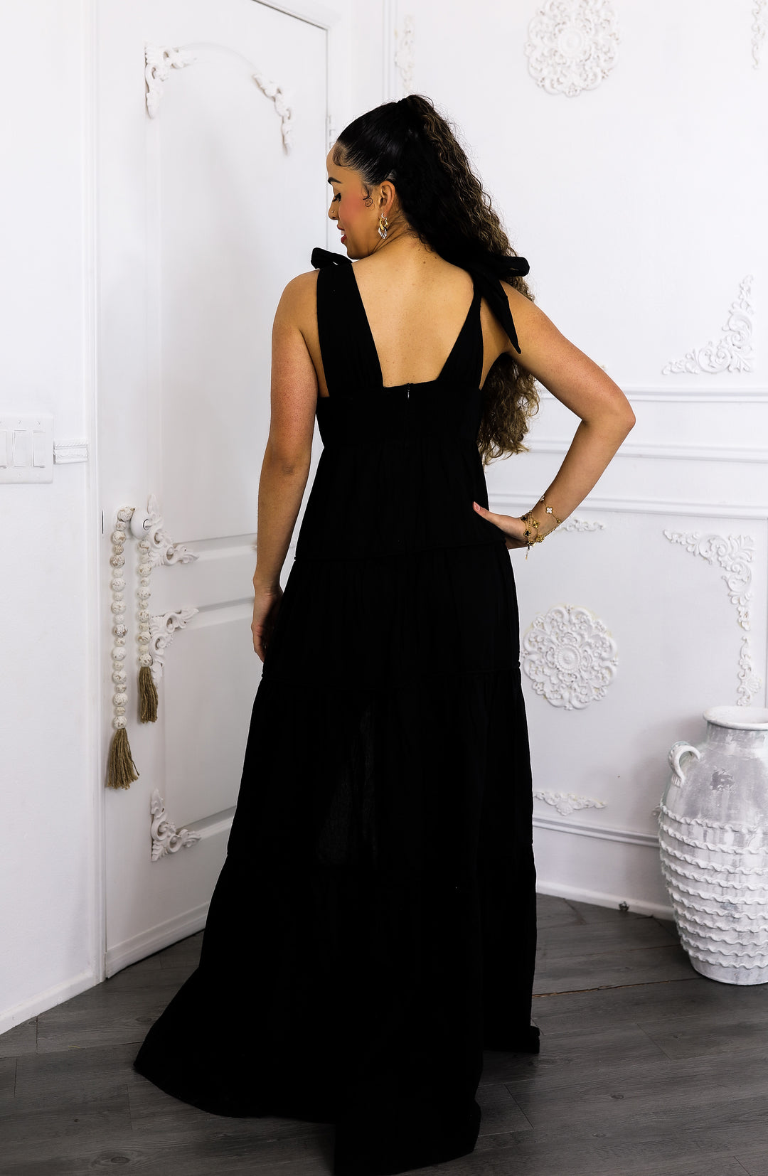 Black Tiered Maxi Dress – Tie Shoulder Button Front Slit