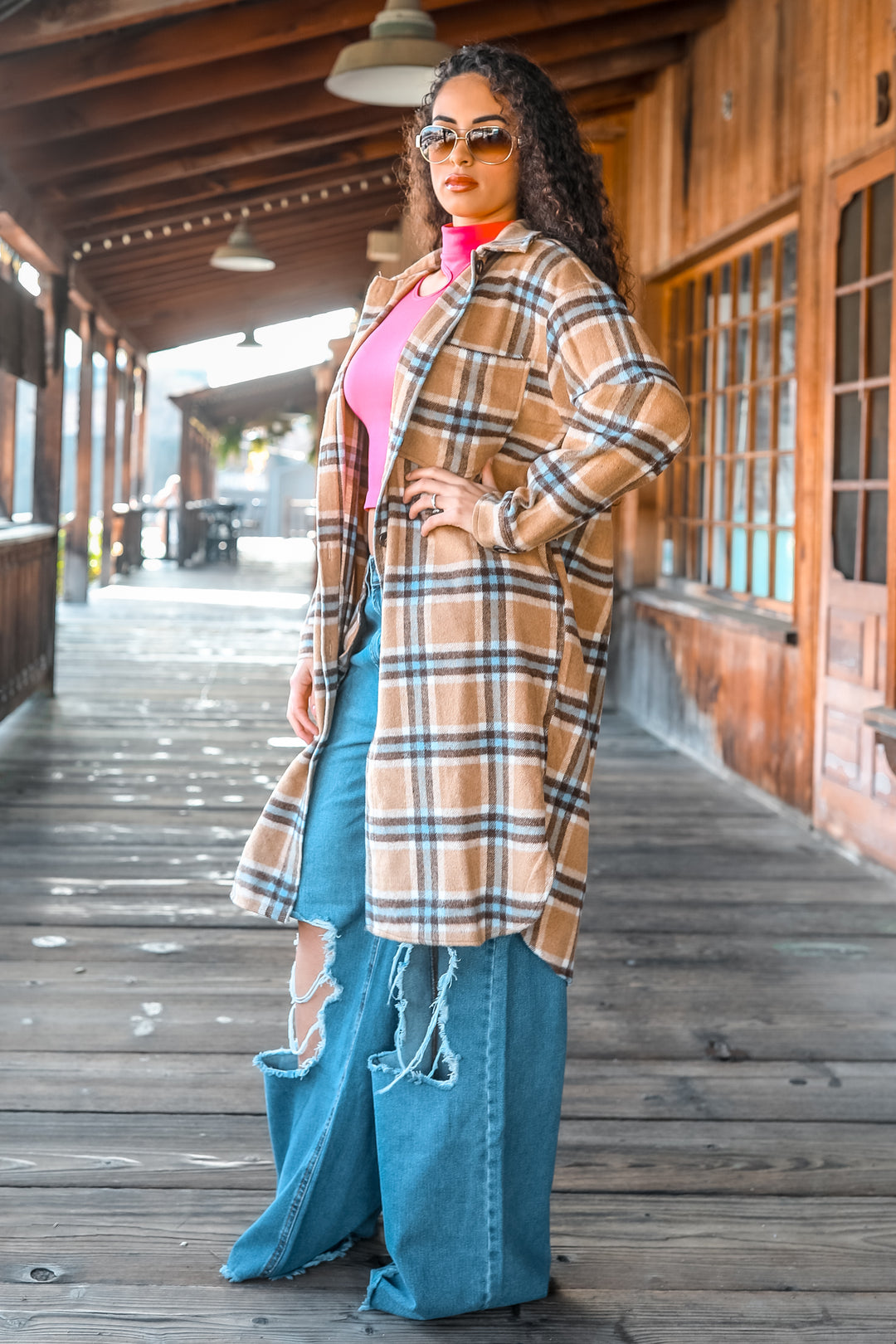 Camel Plaid Long Shacket – Oversized Button Down Coat for Women