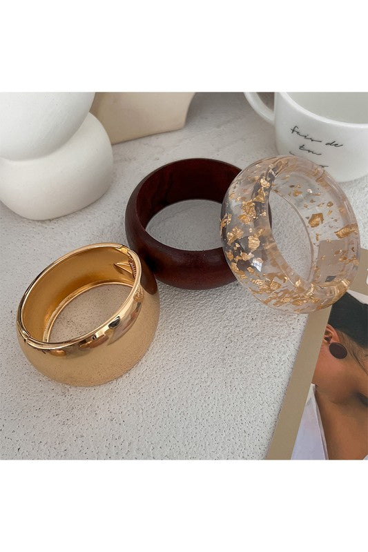 Chunky Bangle Set – Gold, Wood & Resin Statement Bracelets