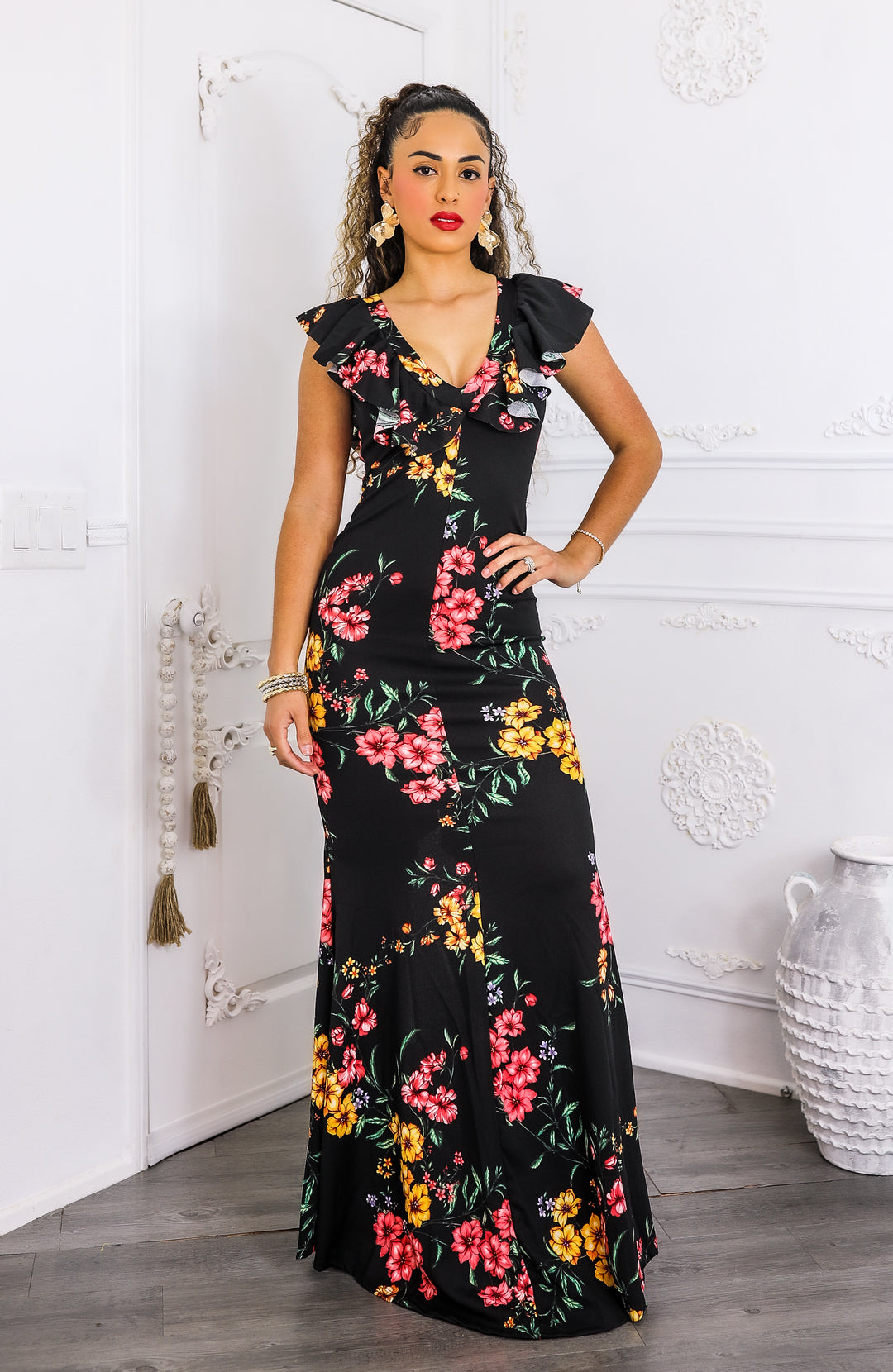 Two-Way Black Floral Ruffle Maxi Dress | SurelyMine