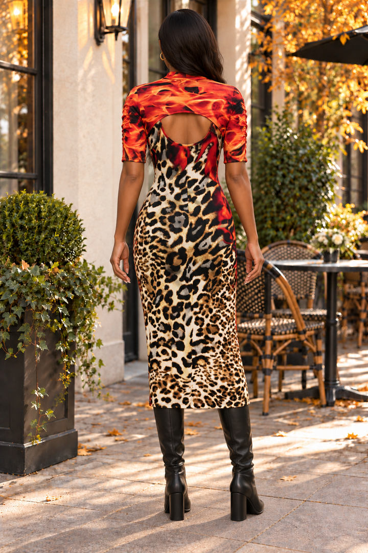 Leopard Print Cutout Midi Dress – Red Two Piece Bodycon Set