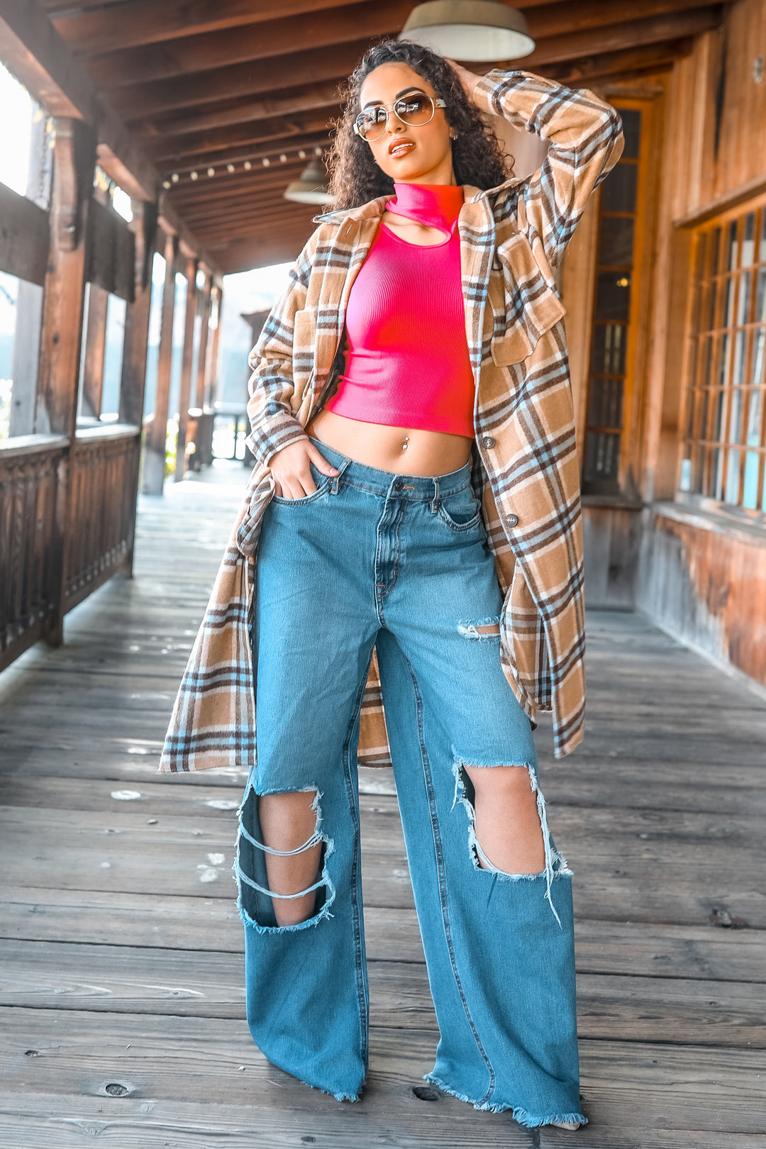 Camel Plaid Long Shacket – Oversized Button Down Coat for Women