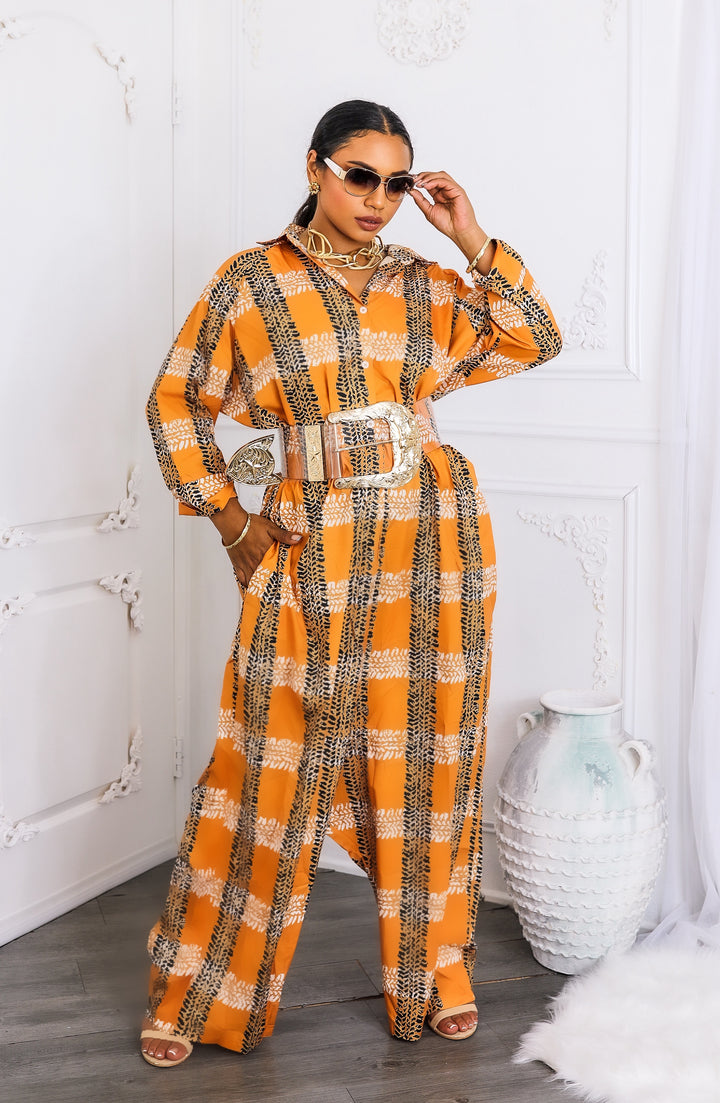 Oversized Orange Tribal Print Button-Up Kimono Jumpsuit