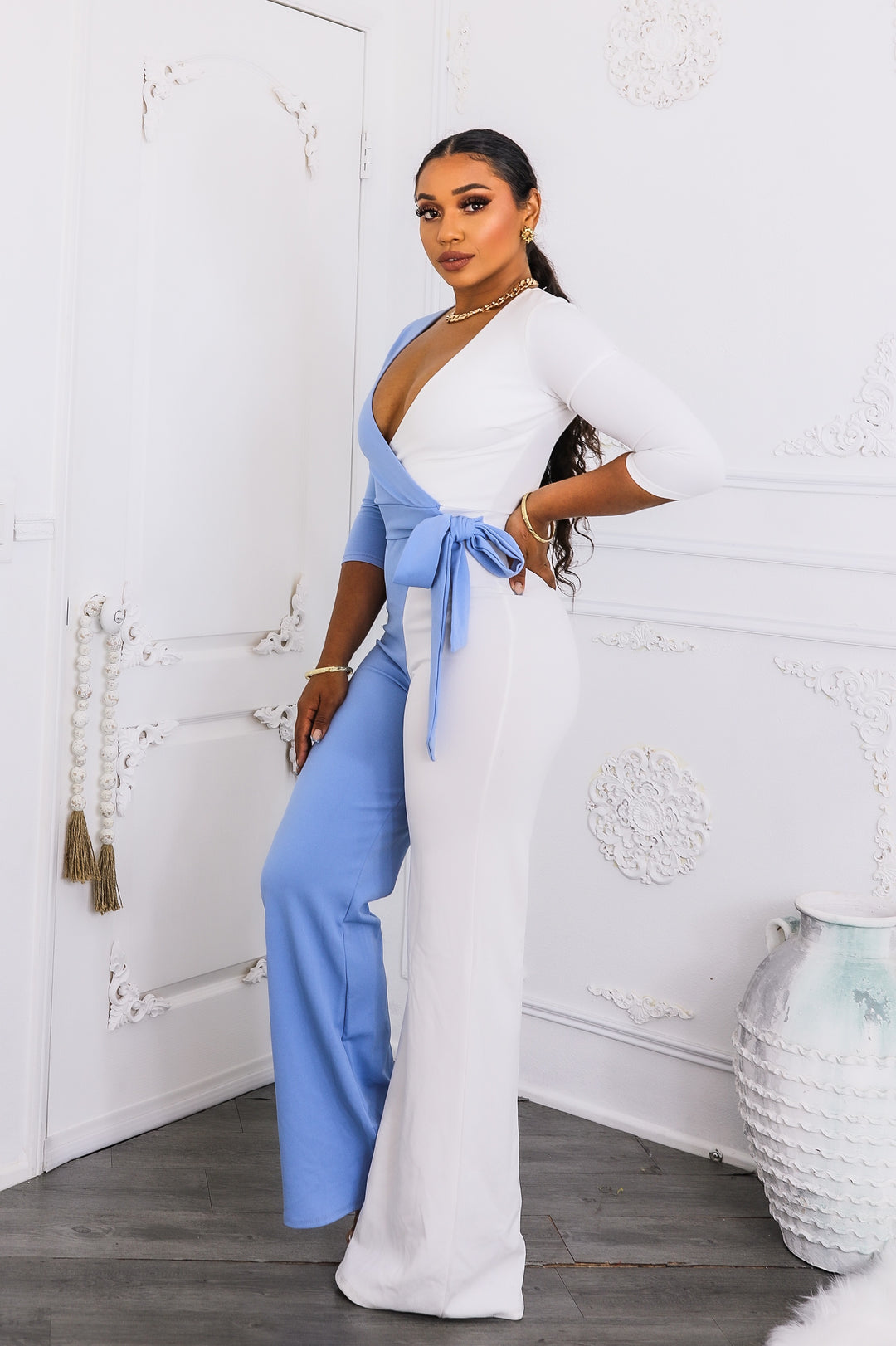 Sky & Ivory Colorblock Wrap Jumpsuit
