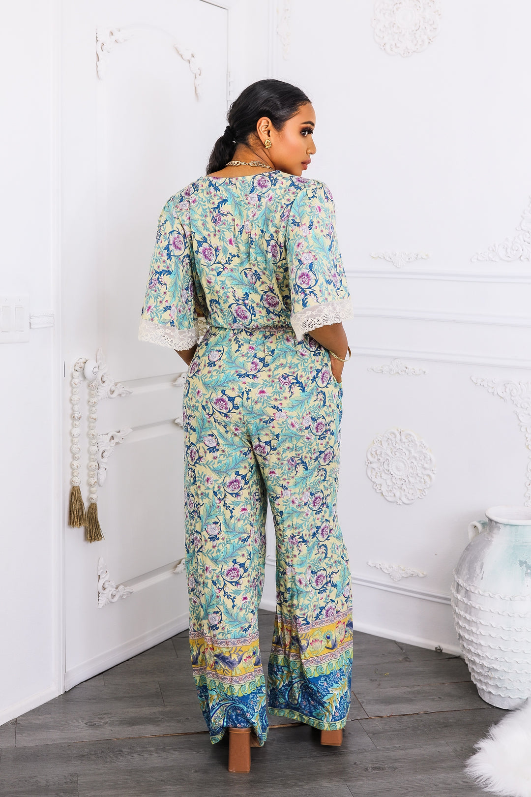 Boho Floral Print Jumpsuit with Lace Trim Sleeves