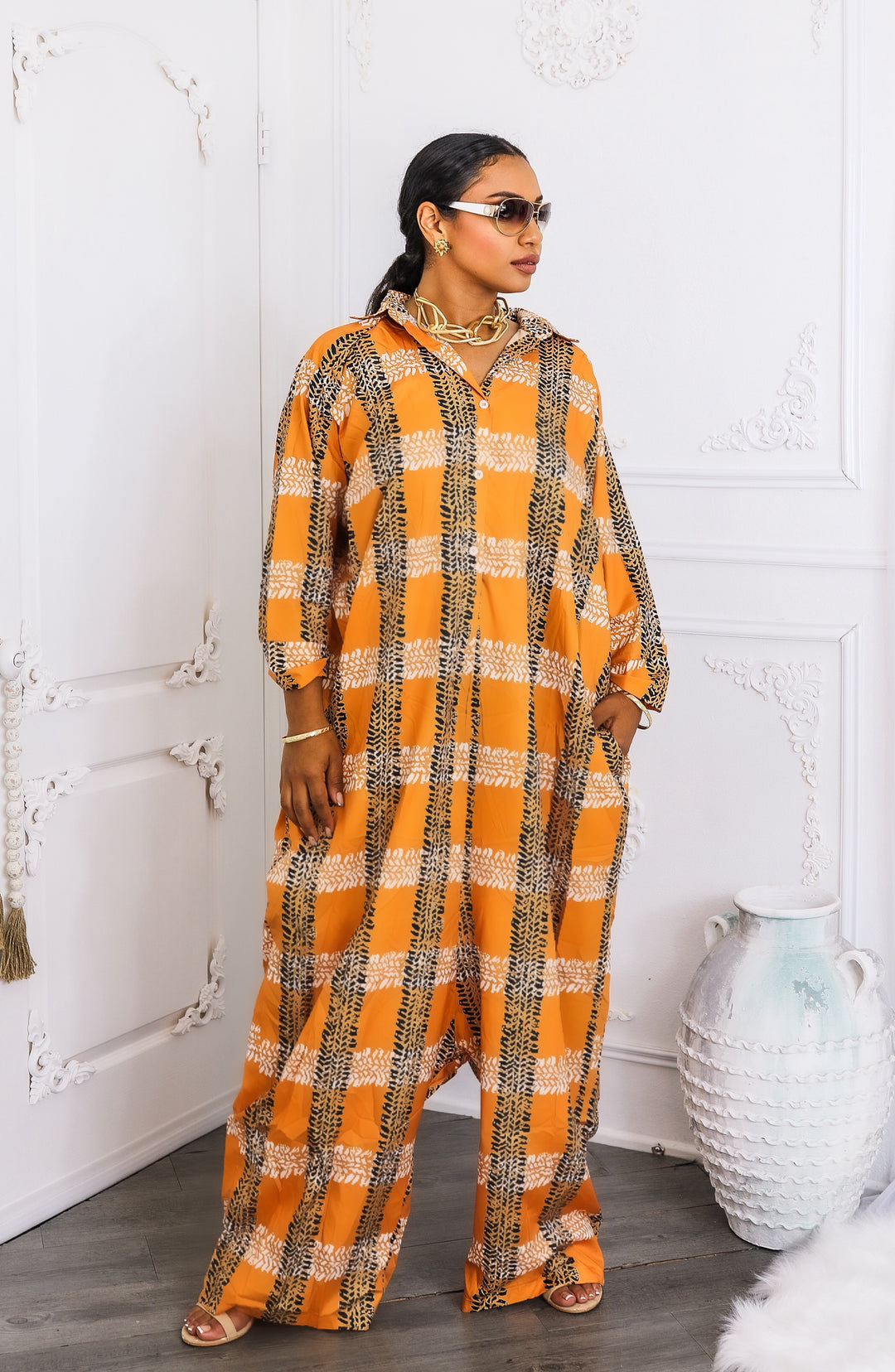 Oversized Orange Tribal Print Button-Up Kimono Jumpsuit