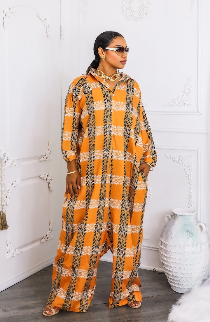 Oversized Orange Tribal Print Button-Up Kimono Jumpsuit