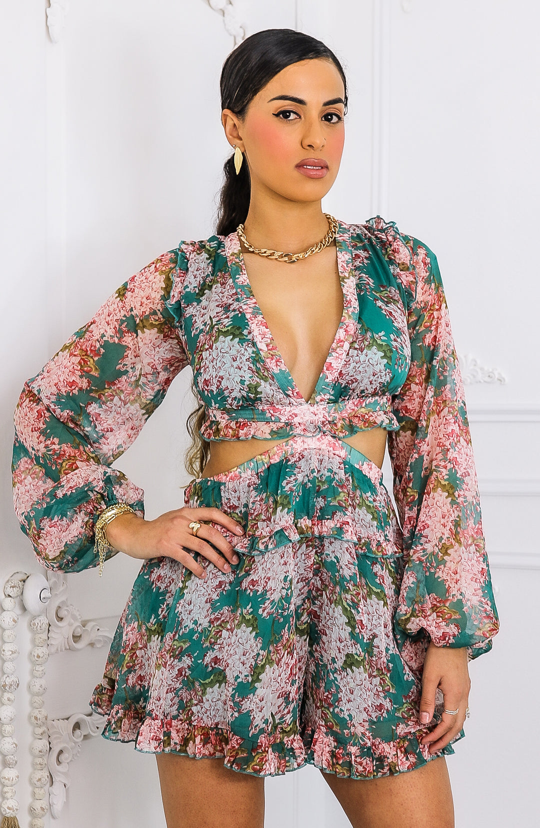 Boho Bloom Long Sleeve Cutout Ruffle Romper