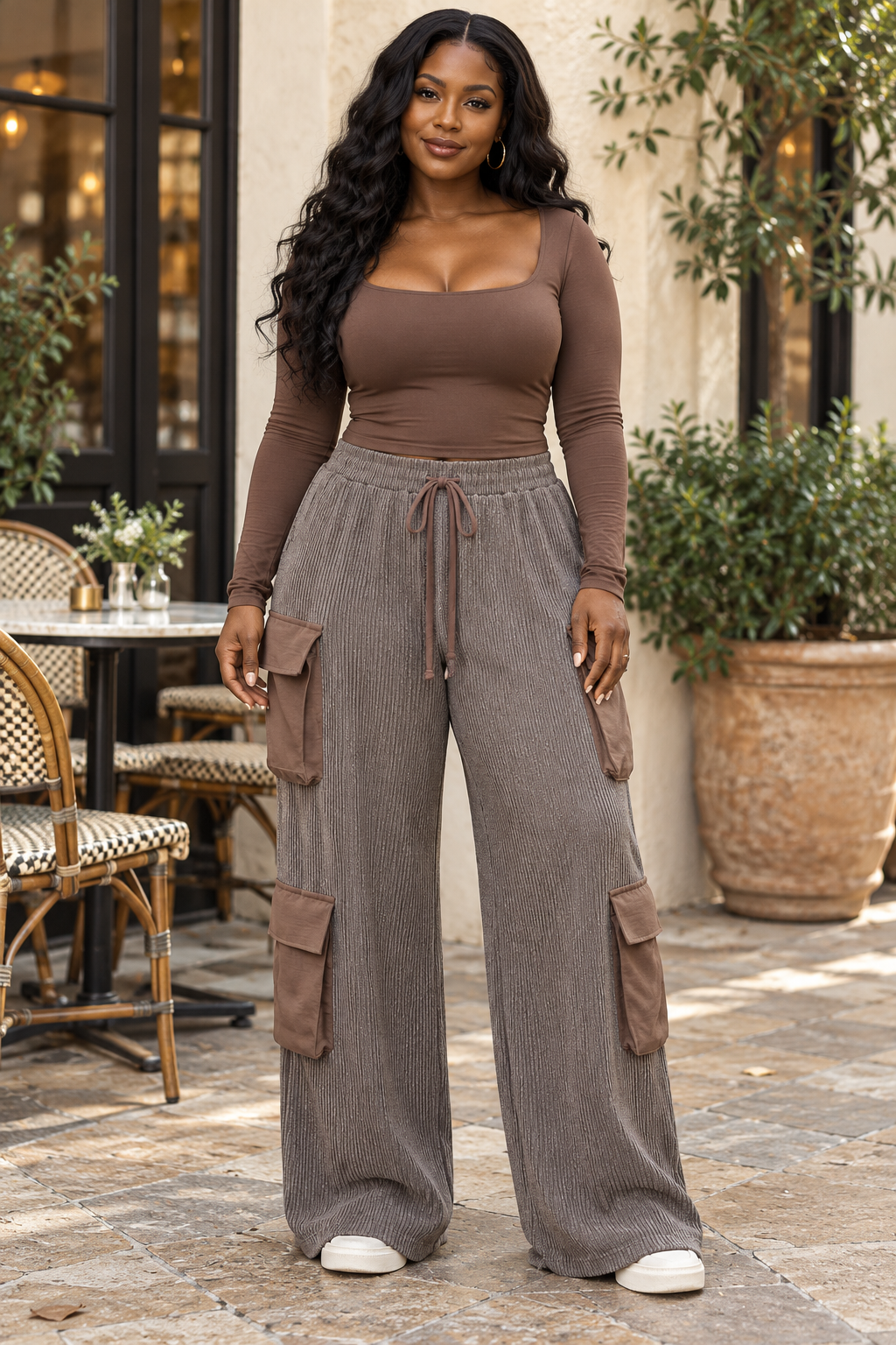 Textured Wide Leg Cargo Pants – Mocha Brown Ribbed High Waist