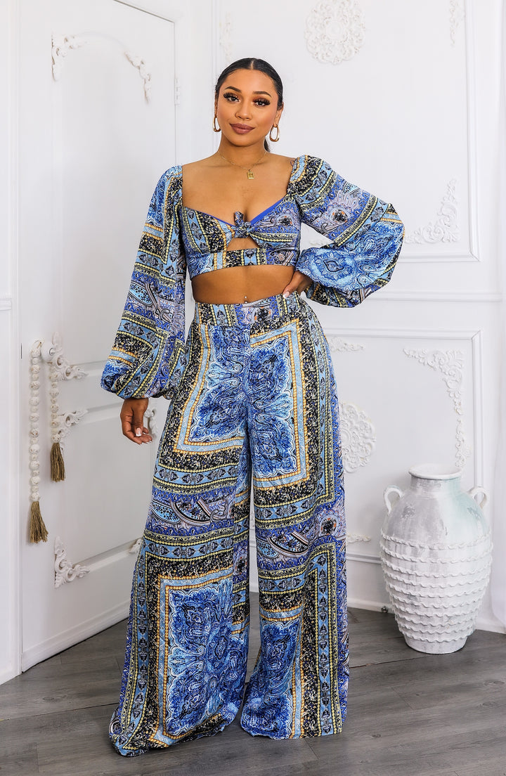 Bold Baroque Print Two-Piece Set – Tie Front Crop & Wide Pants