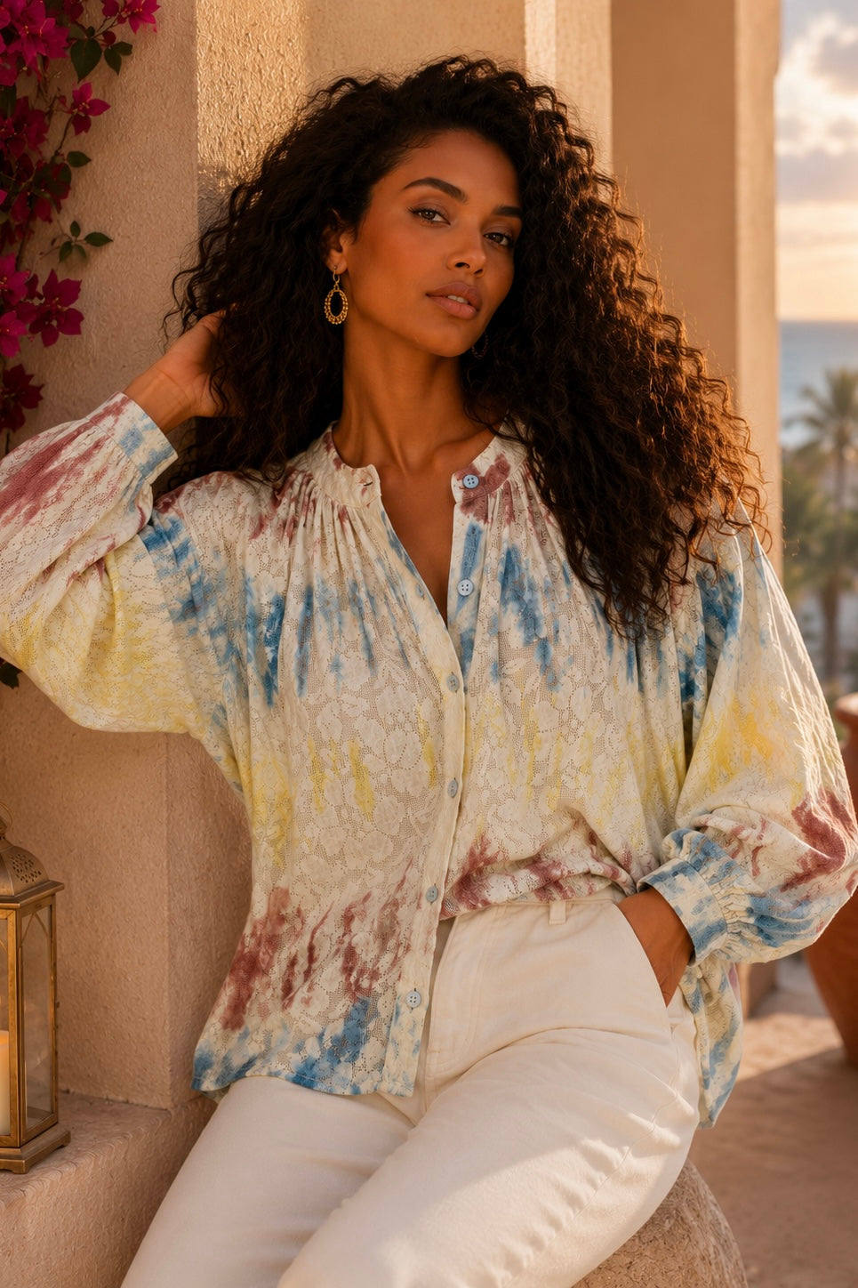 Painted Skies Lace Blouse | Boho Floral Button Front Top