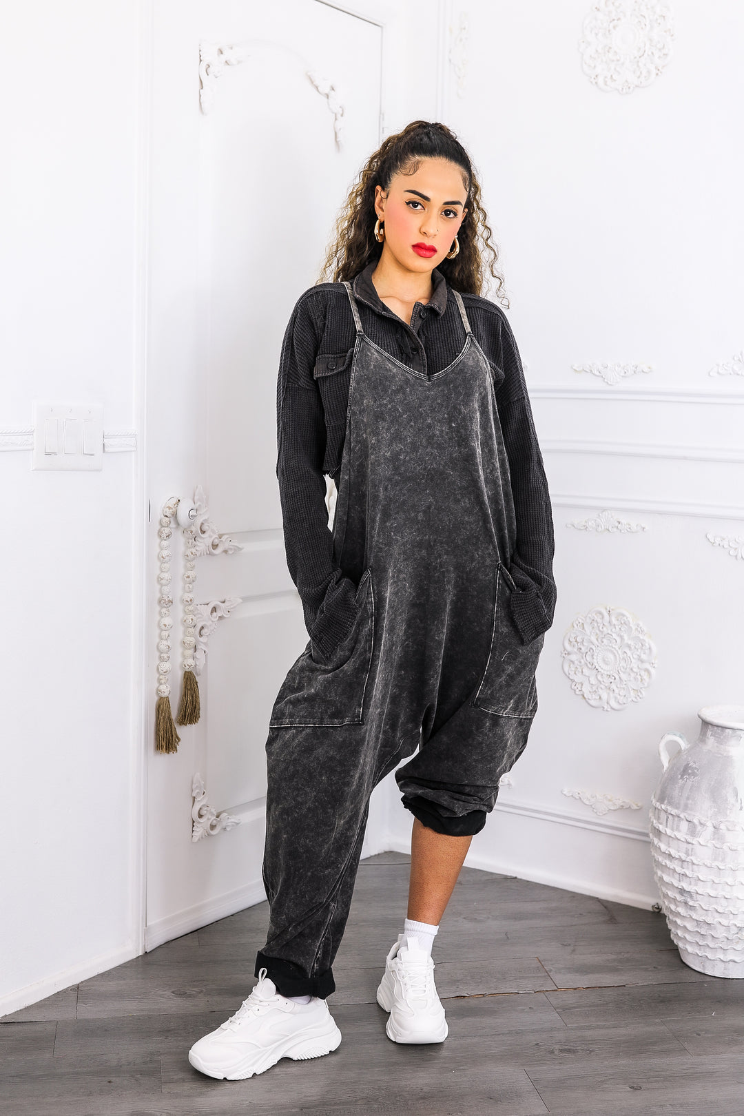 Mineral Wash Jumpsuit – Relaxed Fit Pocket Overalls Black