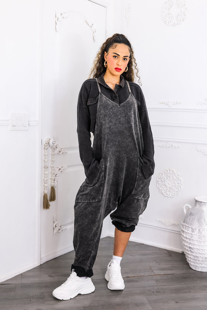Mineral Wash Jumpsuit – Relaxed Fit Pocket Overalls Black